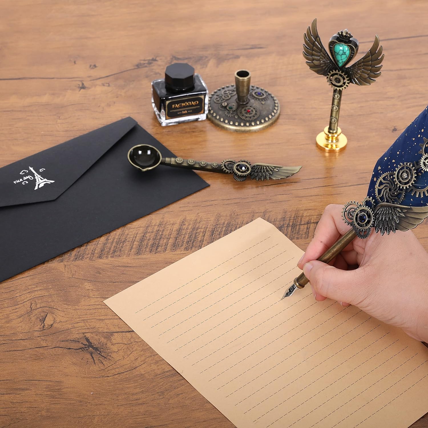 Quill Pen and Ink Set,Feather Pen Set for Calligraphy,Christmas Gift for Handwriting Lovers, Birthday Gift(Bule)