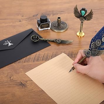 Quill Pen and Ink Set,Feather Pen Set for Calligraphy,Christmas Gift for Handwriting Lovers, Birthday Gift(Bule)