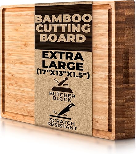 Butcher Block - Tabla de cortar de bambú orgánico con ranura para jugos - 17 x 13 x 1.5 pulgadas - Tabla de cortar de bloque de carnicero - Calidad