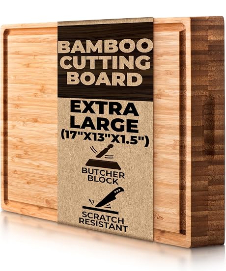 Butcher Block - Organic Bamboo Cutting Board w/Juice Groove - 17x13x1.5" -Butcher Block Cutting Board - Premium Quality and Professional Design - Bamboo Chopping Block