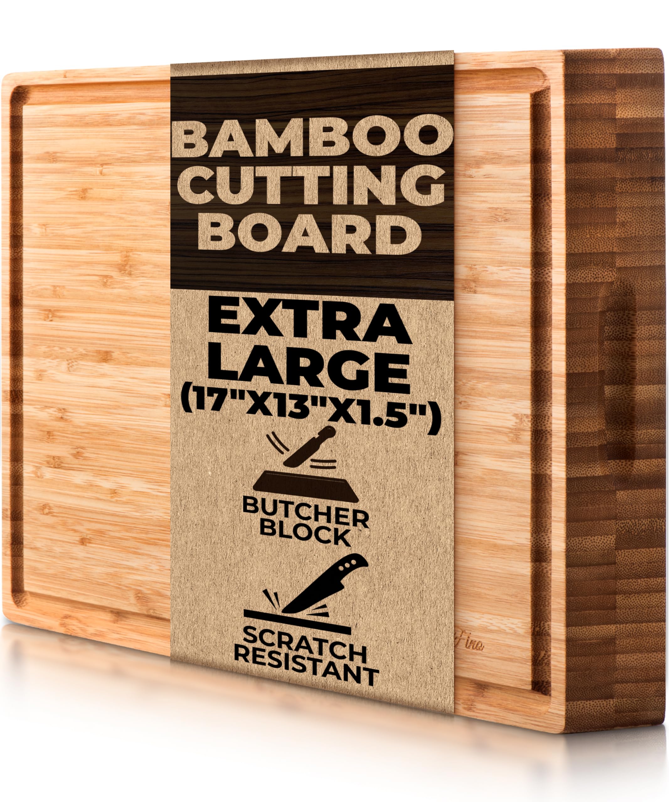 SoulFino EXTRA LARGE Cutting Board & Butcher Block w/Juice Groove - 17x13x1.4" Cutting BLARGE Organic Cutting Board & Thick Butcher Block w/Juice Groove - 17x13x1.5" Wood Cutting Board 17X13X1.5 Brown