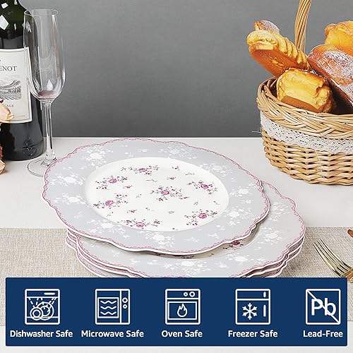 Miniatura 2 de fanquare Juego de 4 platos llanos de porcelana de 10 pulgadas, juego de platos de encaje para ensalada, pasta, sopa, postre, rosas rosadas