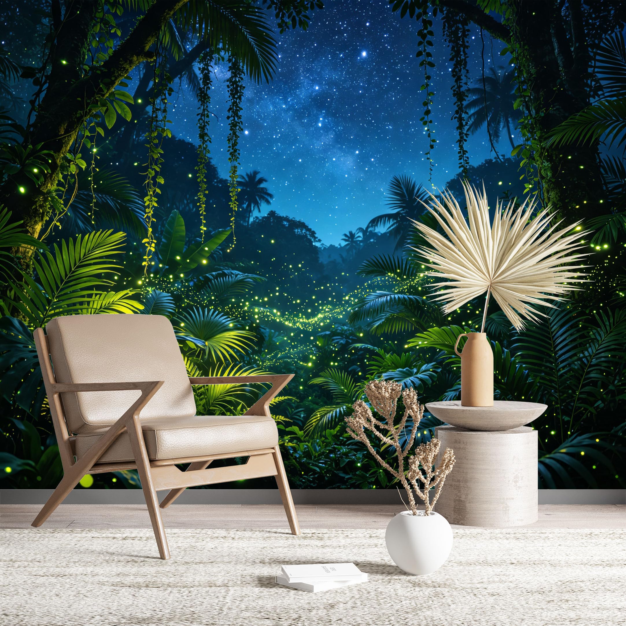 Custom Size Wall Murals Night Jungle with Fireflies Self-Adhesive Wall Fabric (NO PVC) Removable Wallpaper for Living Room Kids Room