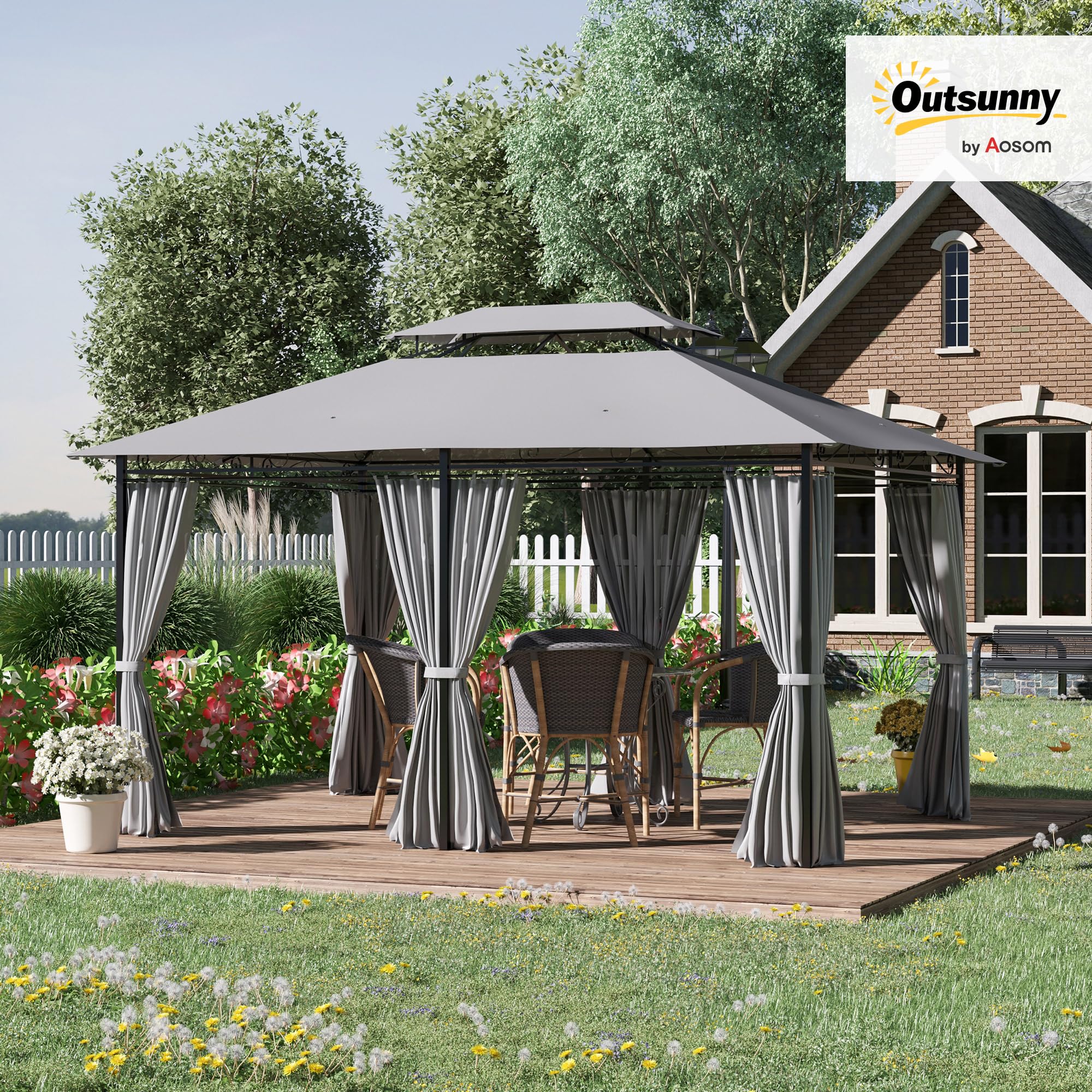 Outsunny Pavillon 3x4m pavillon de Jardin avec 6 Parties latérales Tente de fête Tente de Jardin avec Double Toit Gris foncé