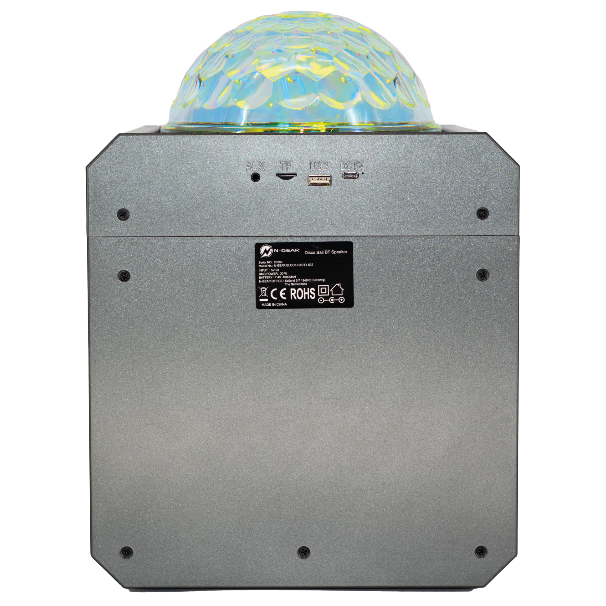 N-Gear The Block Party 602 XL Altavoz Bluetooth Potente 300W con Bola de Discoteca RGB y 2 Micrófonos de Cable Sistema de Sonido Portátil TWS Batería 6 Horas para Karaoke Fiestas - Gris