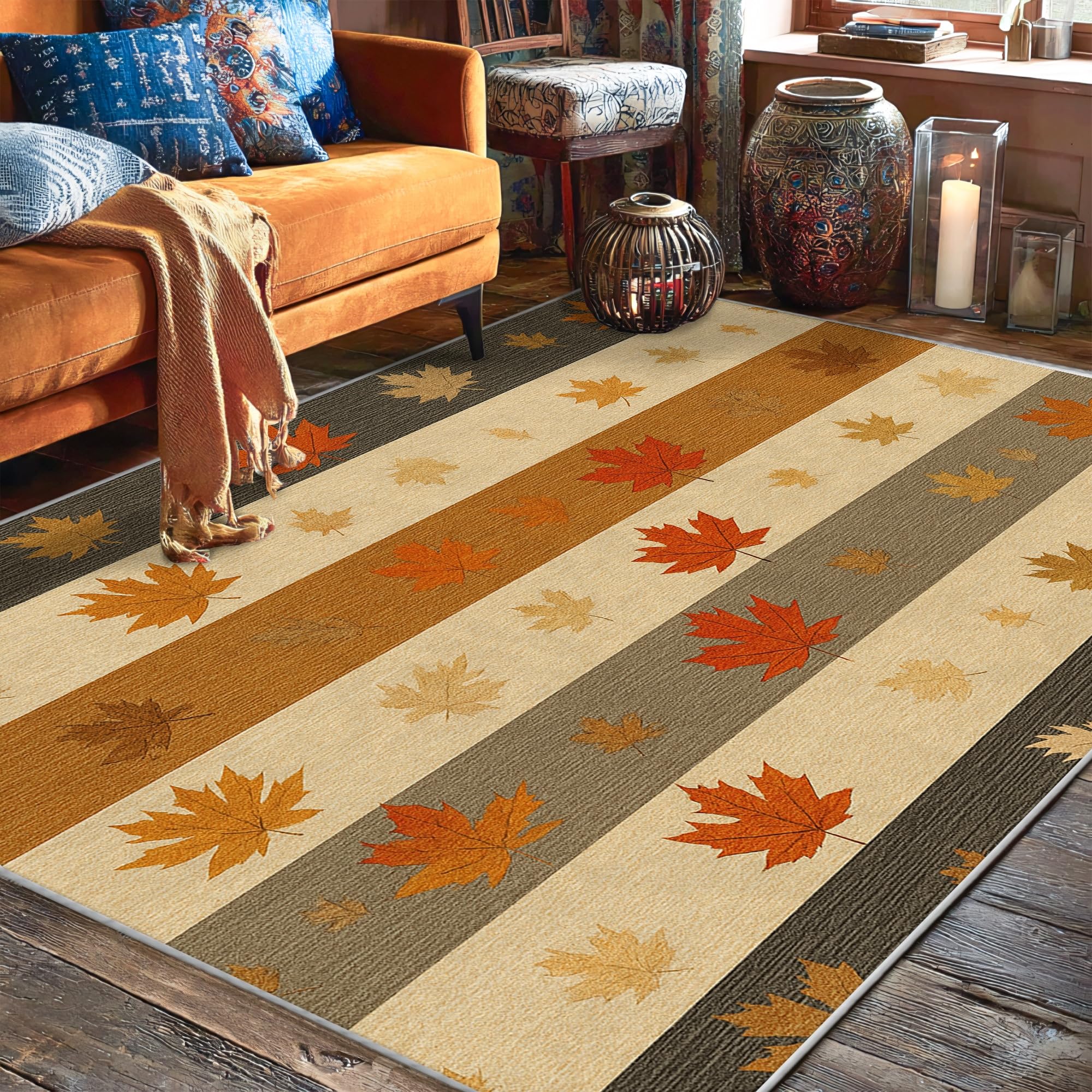 Tapis de chambre résistant aux taches et doux grand format motif orange automne