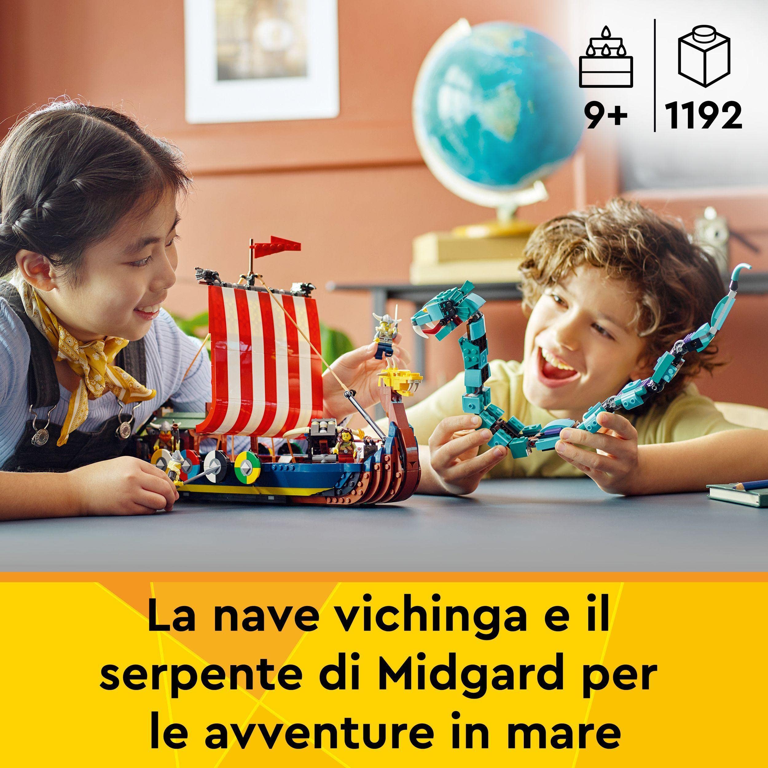 LEGO Creator 3 in 1 Nave Vichinga e Jörmungandr, Casa Giocattolo Apribile, Drago e Lupo Snodabili da Costruire, Giochi per Bambini e Bambine, Idee Regalo di Compleanno 31132