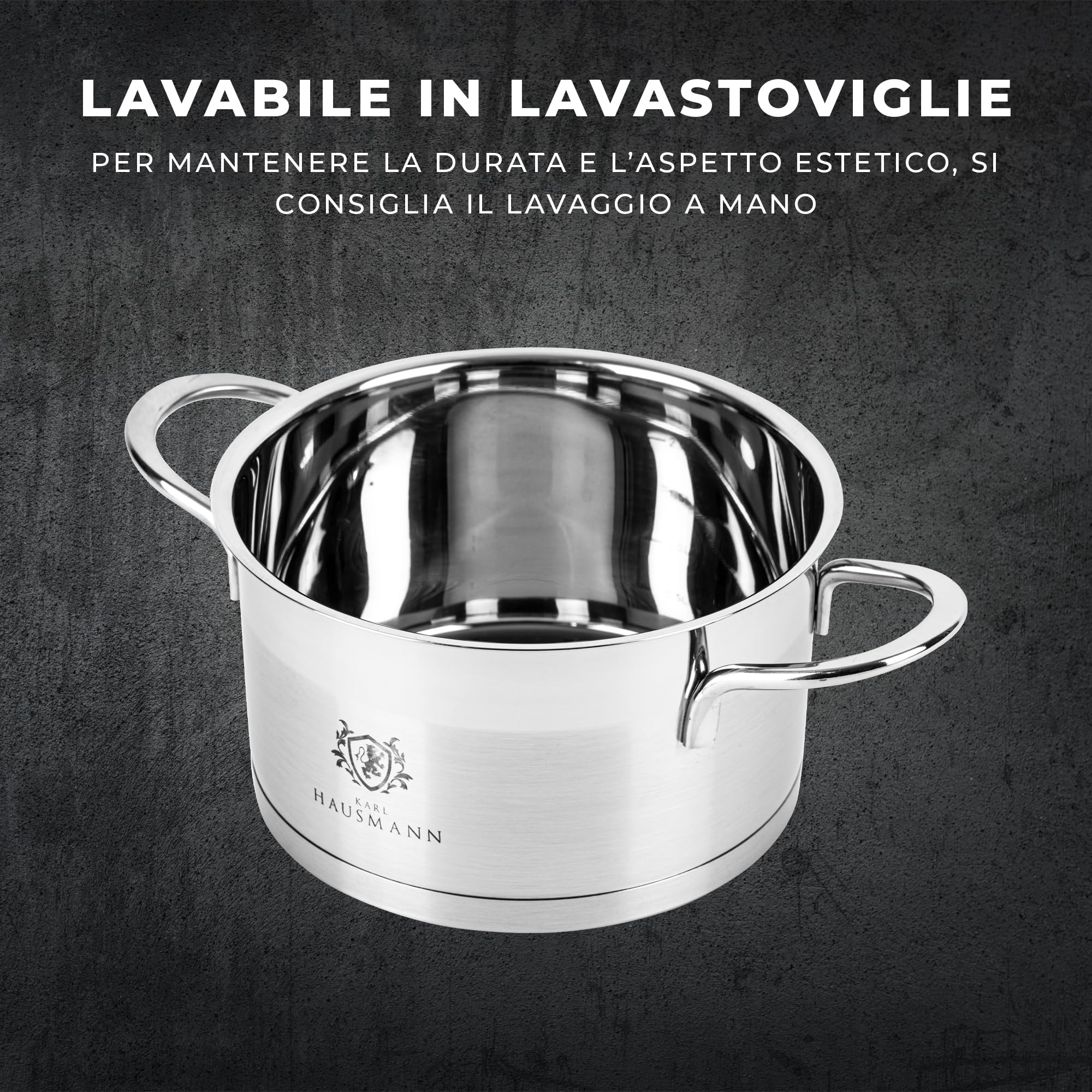 KARL HAUSMANN Pentola Acciaio Inox - 1.9L - 16 cm - Casseruola Induzione con Coperchio Vetro - Pentola Inox 18/10 - Scala Misura - Per Tutti i Fuochi - Pentole Acciaio Inossidabile