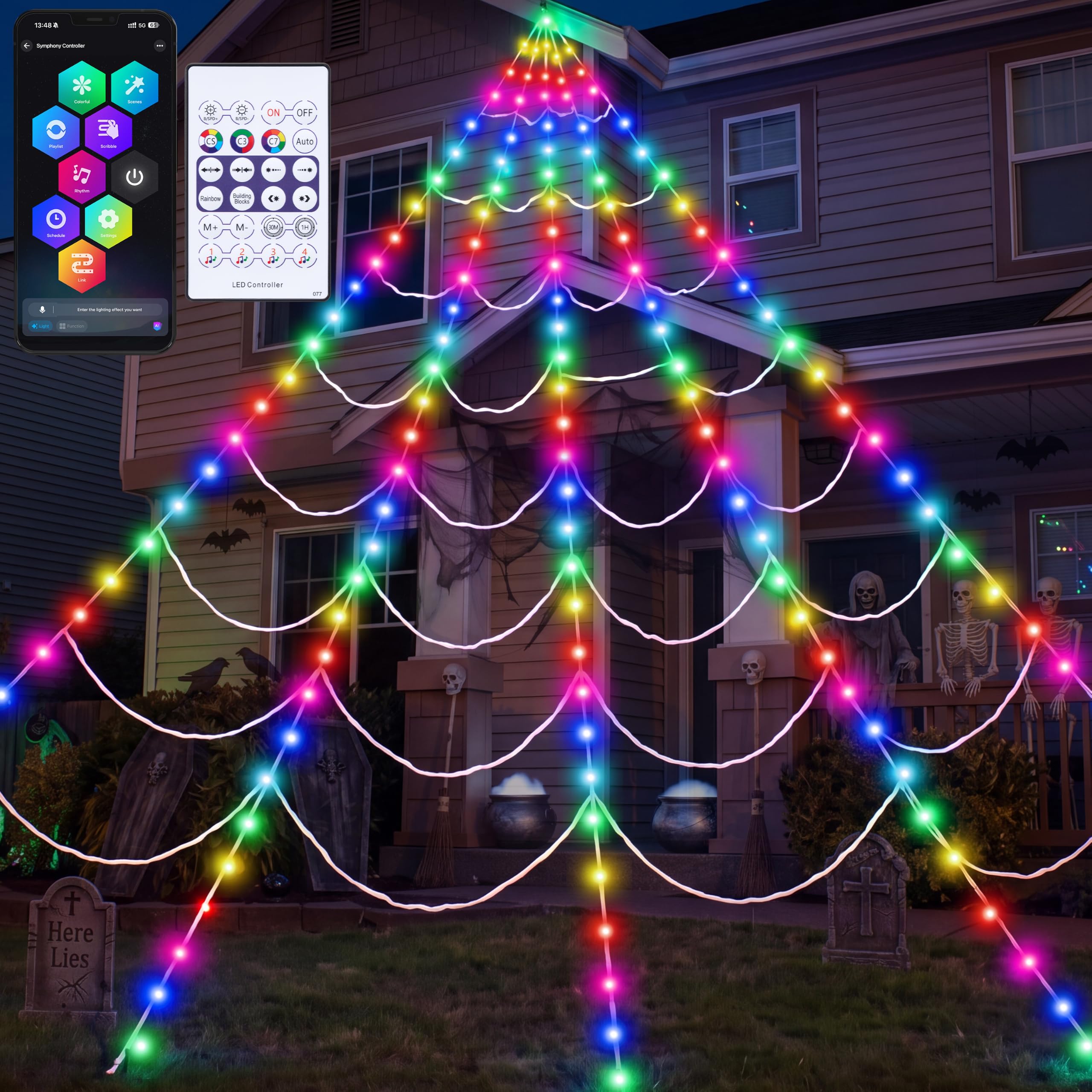 JOYIN Light-up Halloween Spider Web Decor Outdoor, 17.4 x 16.4 FT Giant Triangular Web with 150 LED Lights, RGB Color Changing with Bluetooth App Control, Multi Lighting Modes for Yard Porch Prop