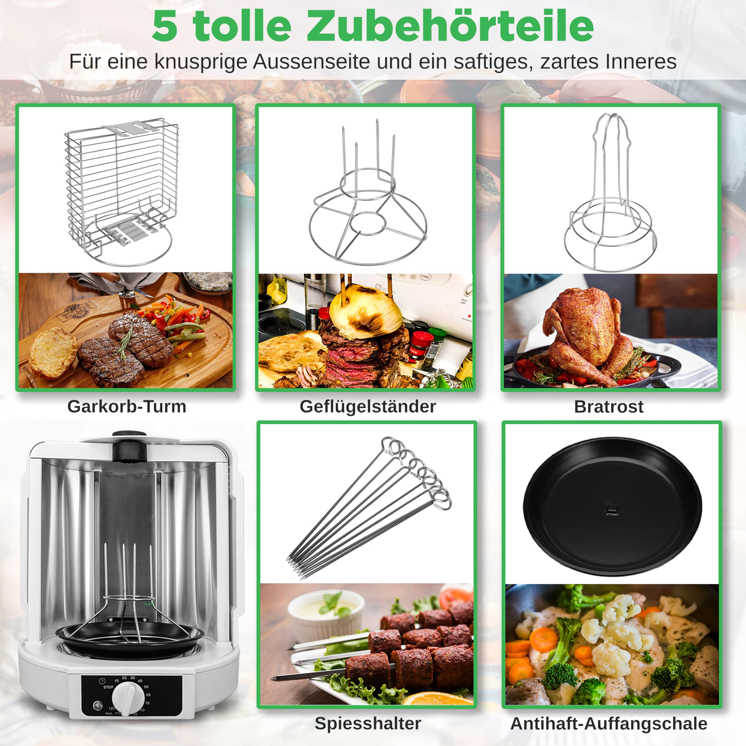 NutriChef Hähnchengrill mit Drehspieß – Weiß 700W Mini-Backofen Vertikal Elektrogrill Heißluft-Rotisserie für Hähnchen, Döner, Fleisch - Kompakt & Fettarm Inkl. Zubehör und Auffangschale