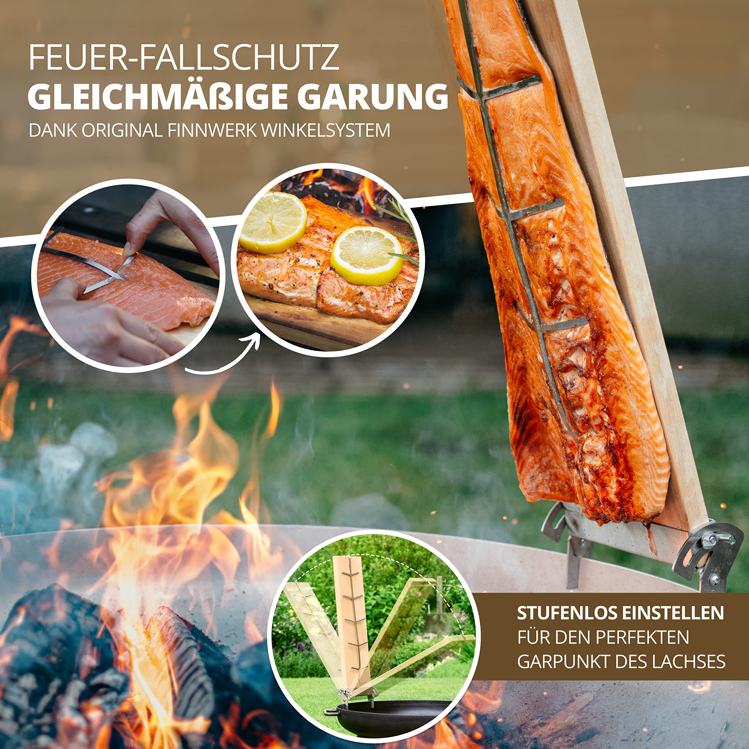 FINNWERK Flammlachsbrett - Flammlachsbretter mit Halterung aus Edelstahl - Perfekte Lachsbretter zum Grillen aus massiver Birke - Auch Ideal als Räucherbrett - Winkelsystem zur optimalen Einstellung