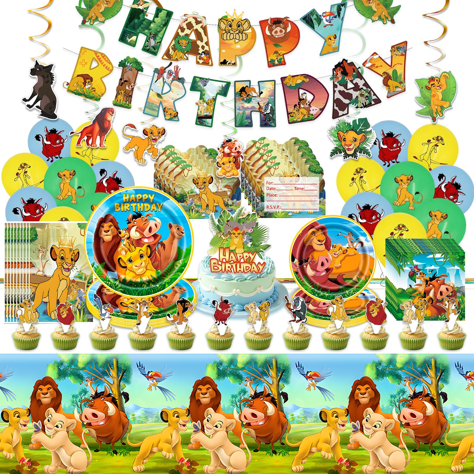 99 PCS Lion King Birthday Decorations, Party Decorations Party Supplies Paper Plates Cups Napkins Tablecloth , Tableware Set for 10 Guests