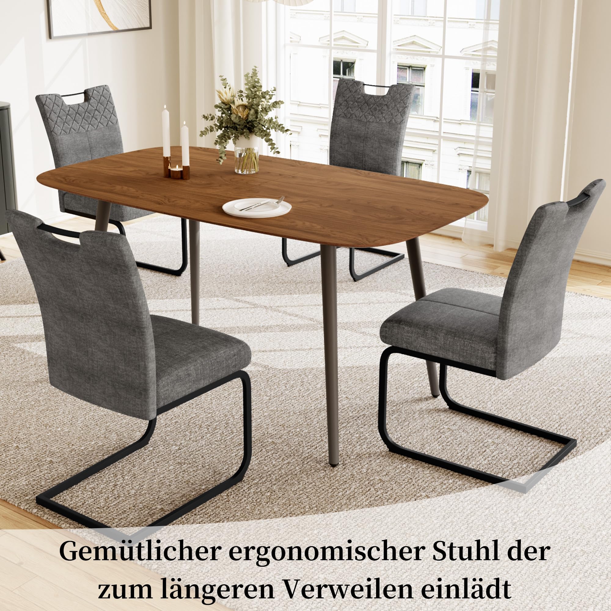 JIEXI Freischwinger Esszimmerstühle 4er Set – Schwingstuhl Stuhl Mit Stoffbezug, Gesteppter Rückenlehne & Metallgestell, Küchenstuhl/Essstuhl Modern, Bequem & Stabil (4 Graue Stühle)