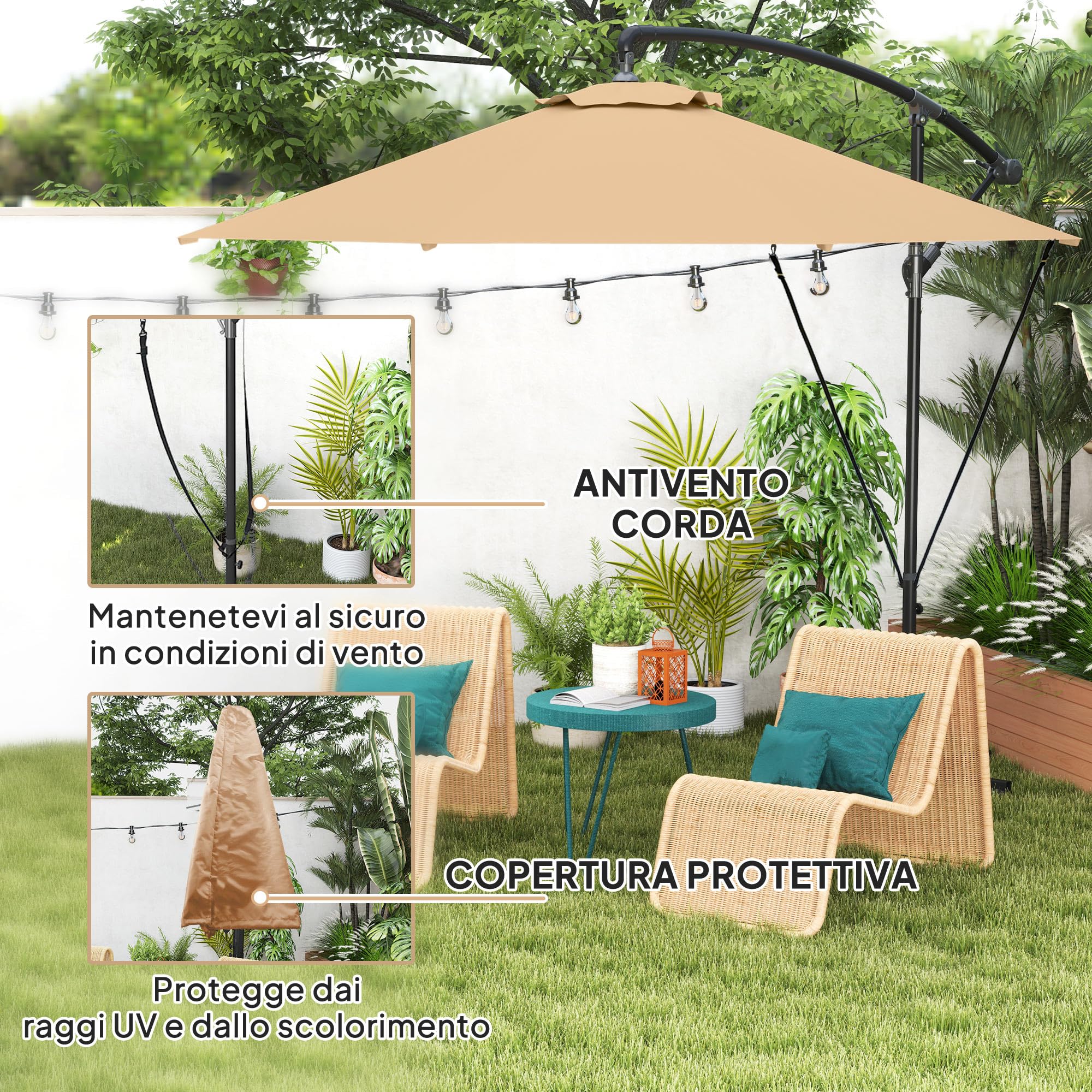 Outsunny Ombrellone Decentrato Ø3 m Ombrellone da Giardino UV 50+ Cachi | Prese d'Aria, Base a Croce e Manovella, Inclinabile e Girevole, Metallo e Poliestere 180 g/㎡