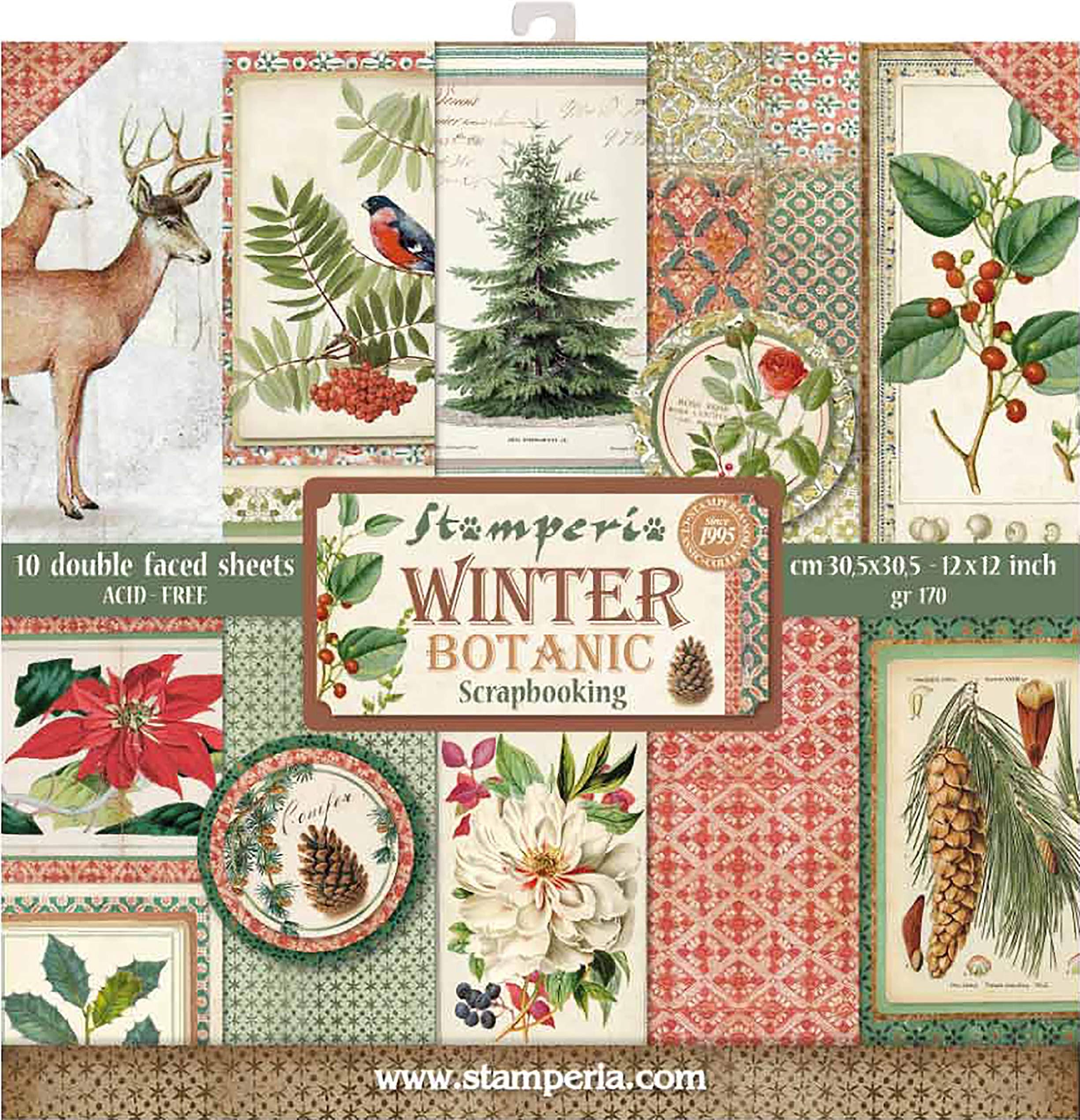 Stamperia International KFT Paper Pad 10 Sheets Double-Sided Winter Botanic, Multicoloured, 30.5 x 30.5 (12" x 12")