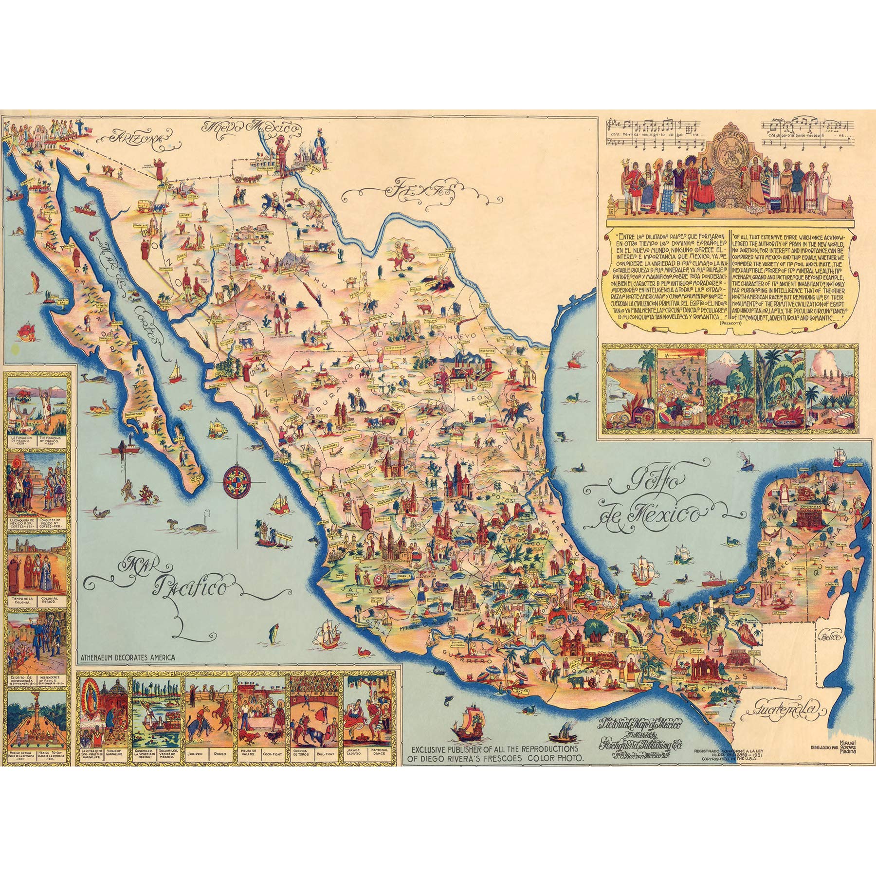 Artery8 Pictorial Map Of Mexico 1931 Vintage Premium Wall Art Canvas Print 18X24 Inch