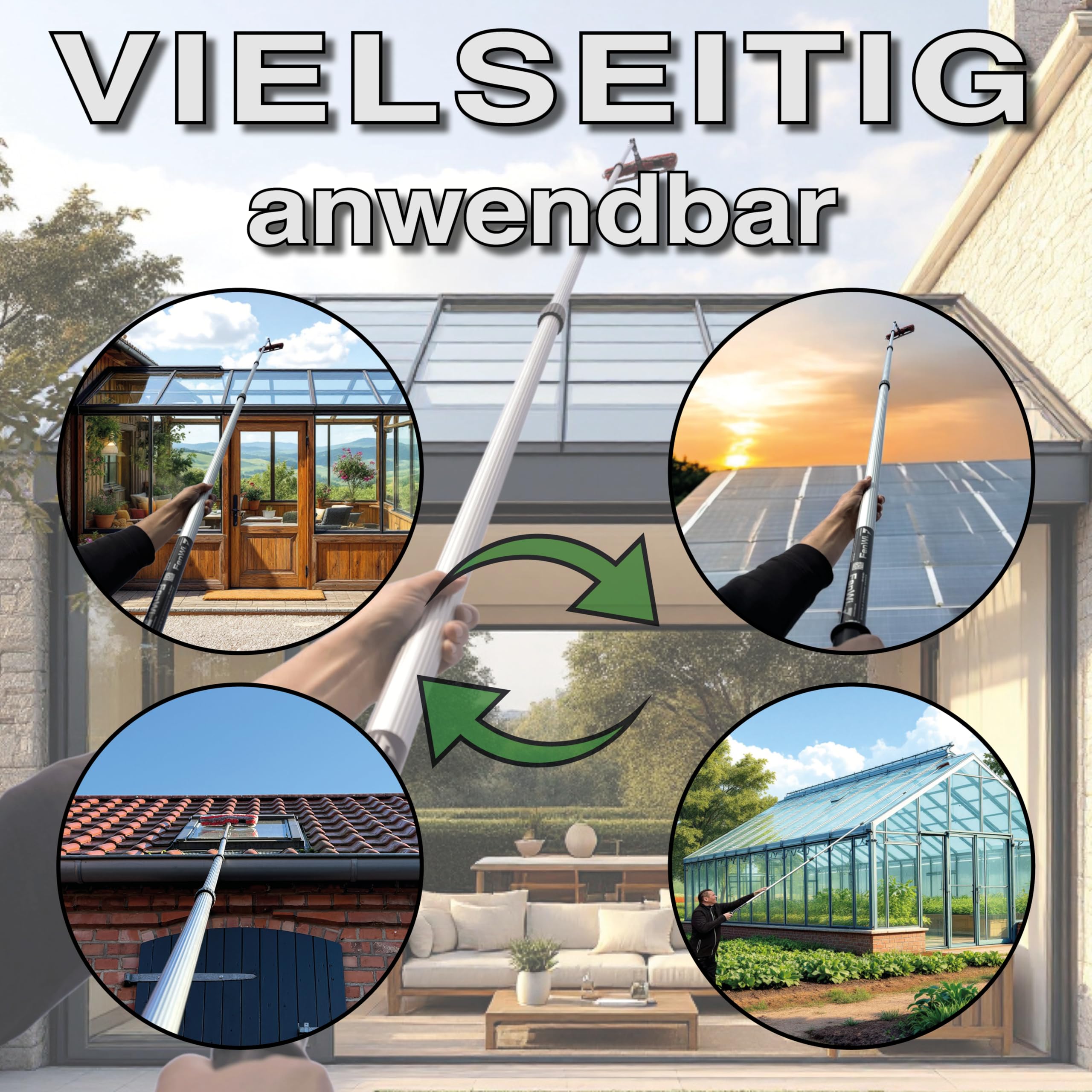 FenWi 6m Teleskop Fensterreiniger Profi Set mit 35cm Kombi Fensterwischer | 2in1 Gummilippe + Microfaser Wischer 35/40cm, Gelenk und Alu Teleskopstange 600cm, Für Wintergarten, Solar und PV Reinigung