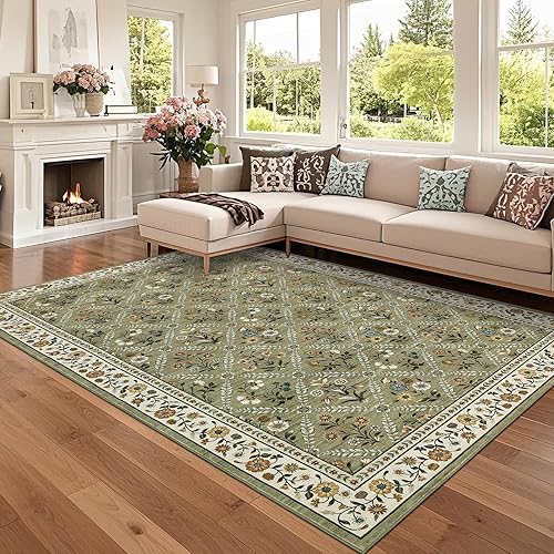 GarveeHome Living Room Rug 5x7 Rug Machine Washable Stain Resistant Area Rug Non Slip Floral Vintage Low Pile Rugs for Living Room, Bedroom, Farmhouse, Dining Room, Kids PlayroomGreen