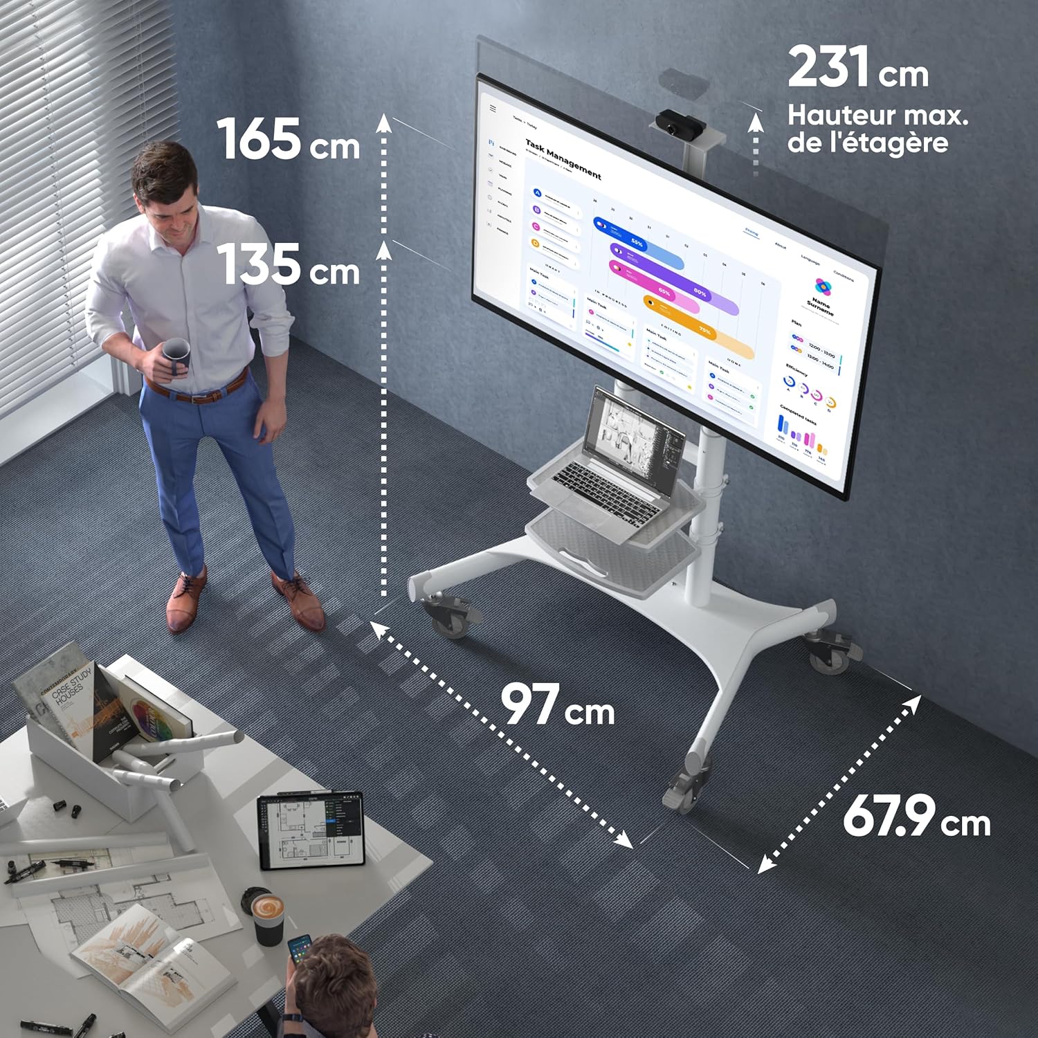 Diagram showing key dimensions of the ONKRON TS1881 Mobile TV Stand, including height adjustment from 135cm to 165cm, base width of 97cm, and depth of 67.9cm.