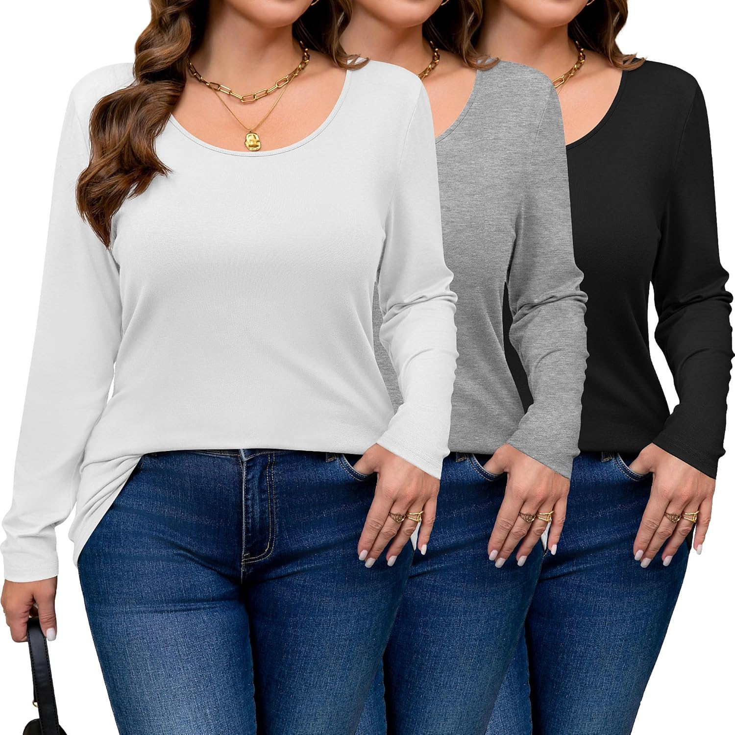Ficerd 3 Pack Plus Size Women Tops Long Sleeve Scoop Neck T Shirts U Neck Casual Basic Loose Fit Tunic Tops for Leggings