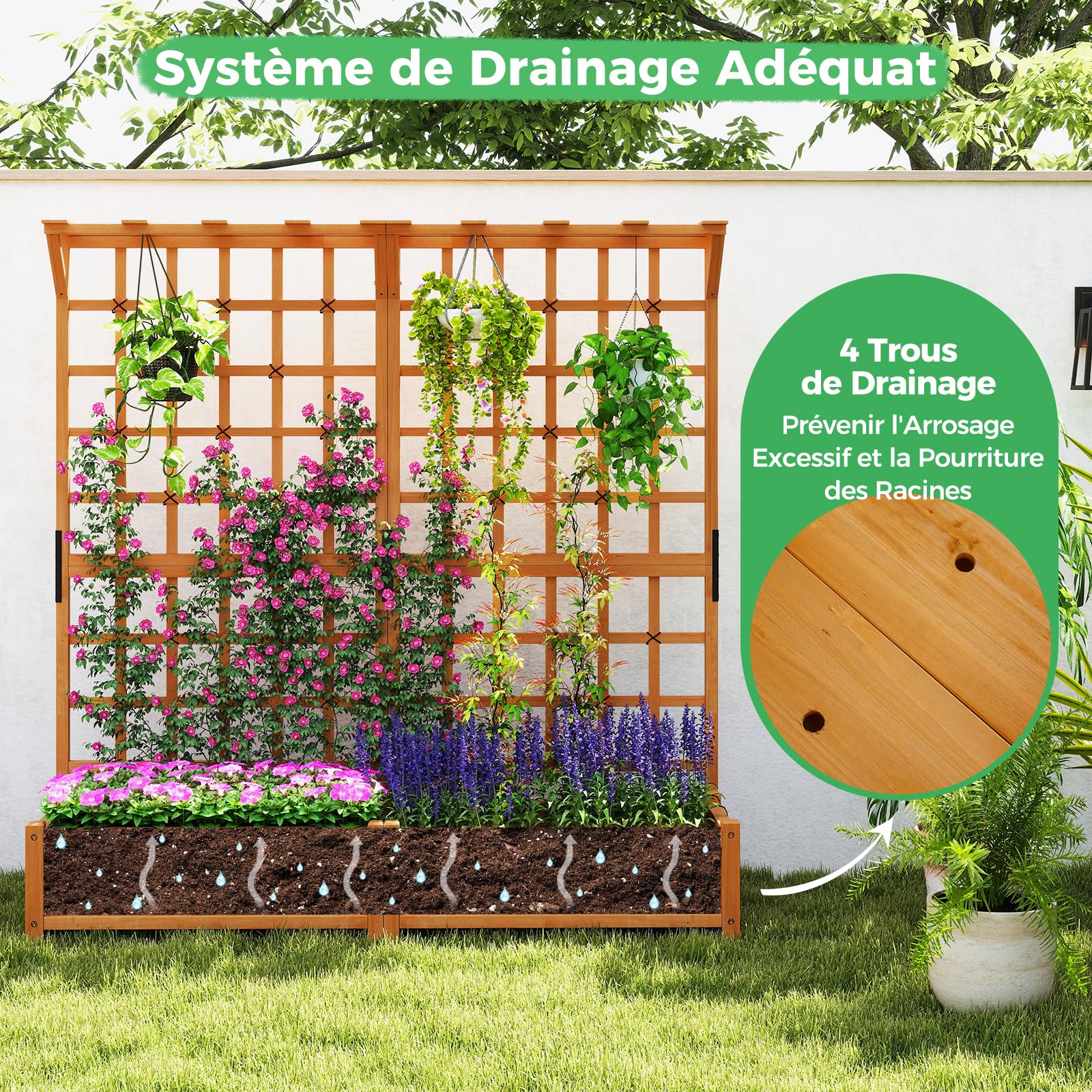 RELAX4LIFE Jardinière Surélevée avec Treillis 183CM, Jardinière sur Pied en Bois avec 4 Trous de Drainage, Conteneur de Plantes Vertical Pourvignes Grimpantes, Naturel