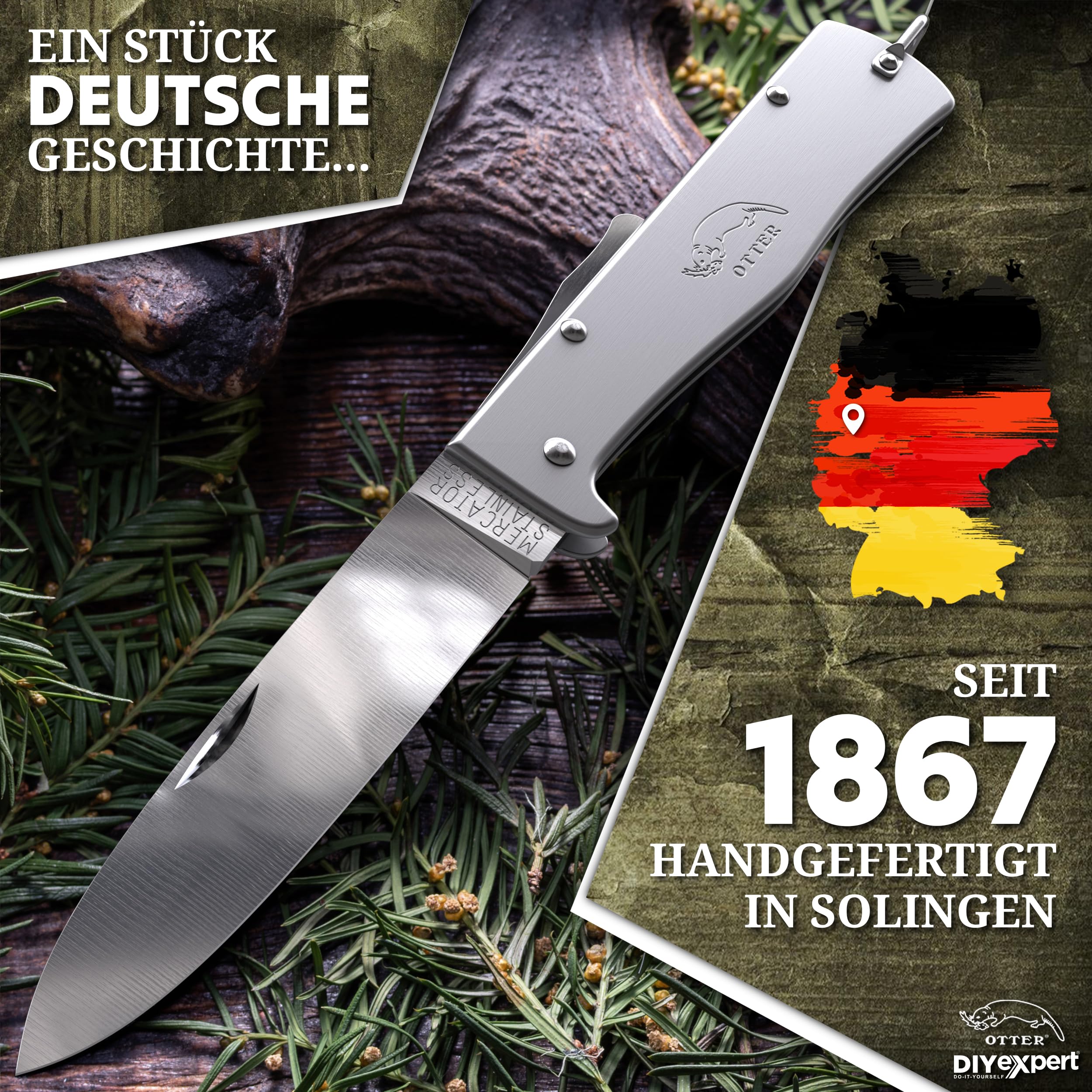 DIYexpert Outdoor-Messer MERCATOR Edelstahl | [Ohne CLIP] | Klappmesser Made in Germany | Ideal als Taschenmesser oder Jagdmesser