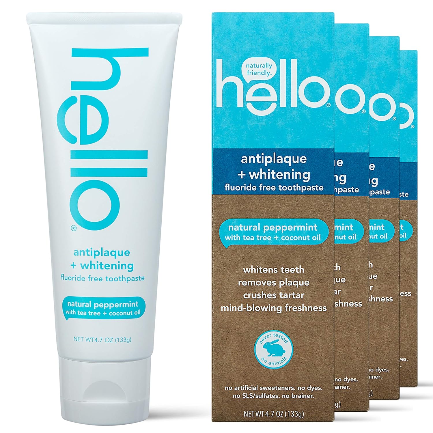 Hello Antiplaque and Whitening Fluoride Free Toothpaste, Natural Peppermint Flavor, SLS Free, Gluten Free, and Peroxide Free, 4.7 Ounce (Pack of 4) : Beauty