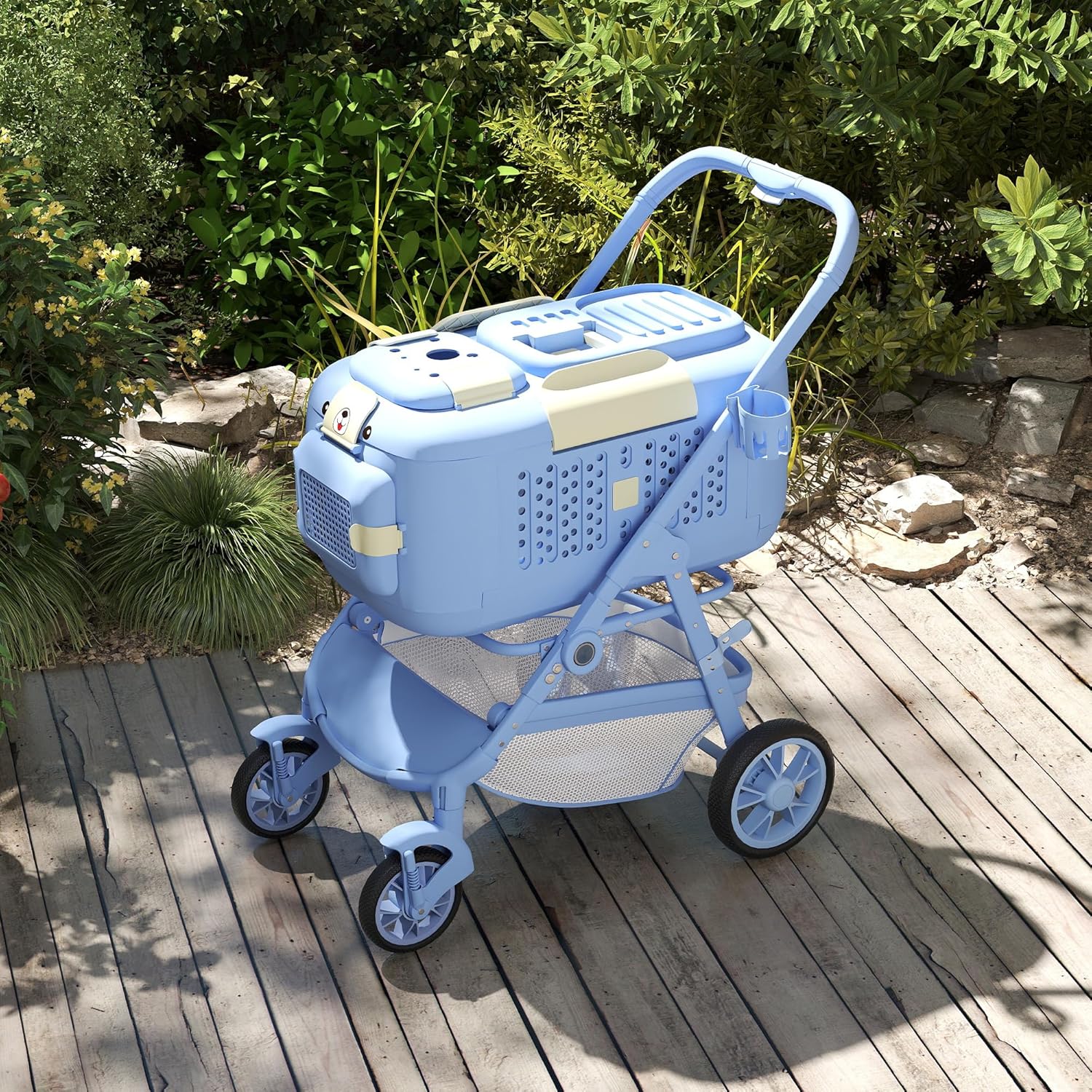 Dog Stroller 4 Wheels, Pet Carrier Travel,One-Click Folding Dog Jogger for Small Medium Dogs Cats up to 44lbs, with Detachable Basket, Storage Bag, Cup Holder, Lightweight Blue