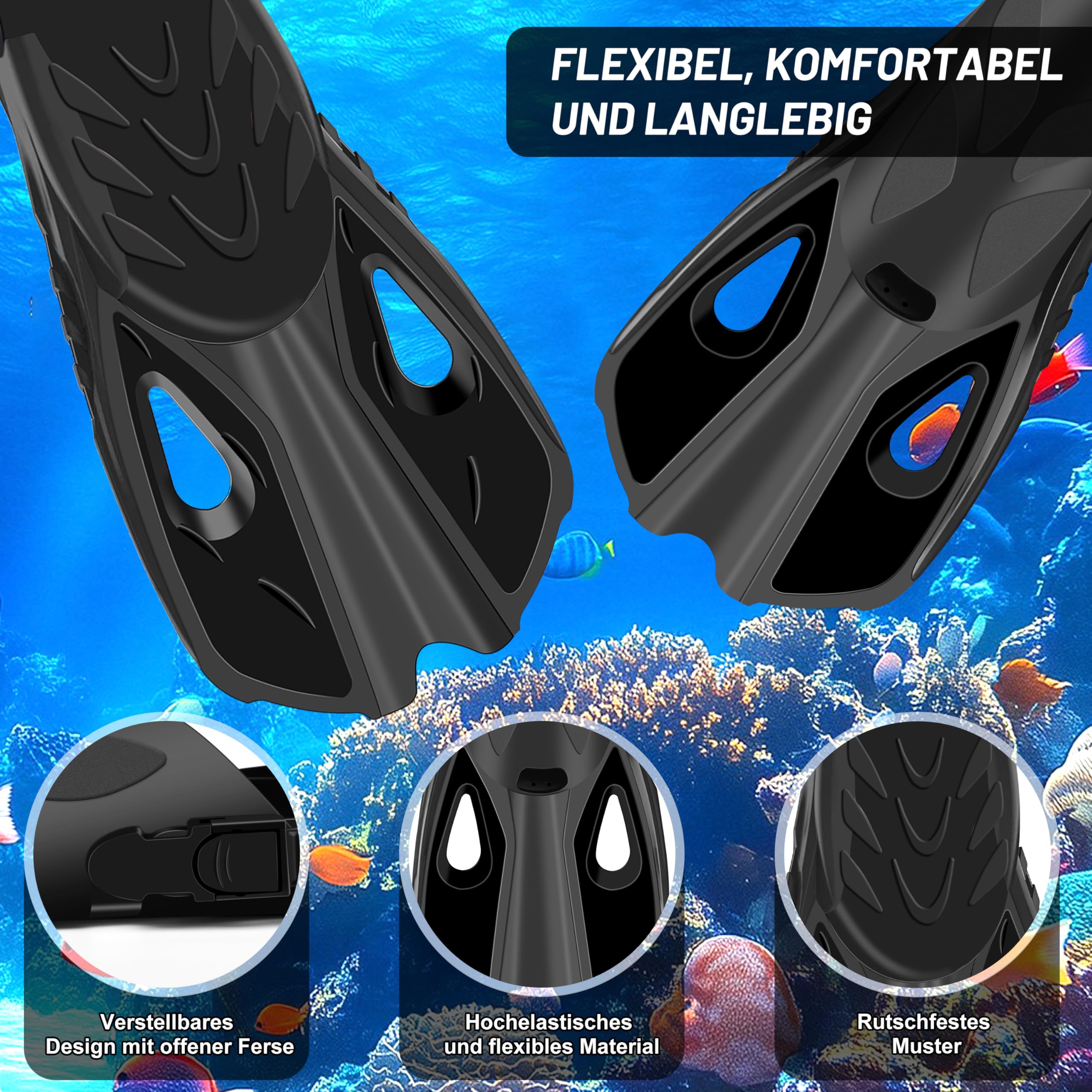 IEEILULU Schnorchelset Erwachsene, 7-teiliges Schnorchelausrüstung mit Anti-Fog Taucherbrille, Flossen, Trockenschnorchel, wasserdichte Handyhülle Ohrstopsel und Tragetasche