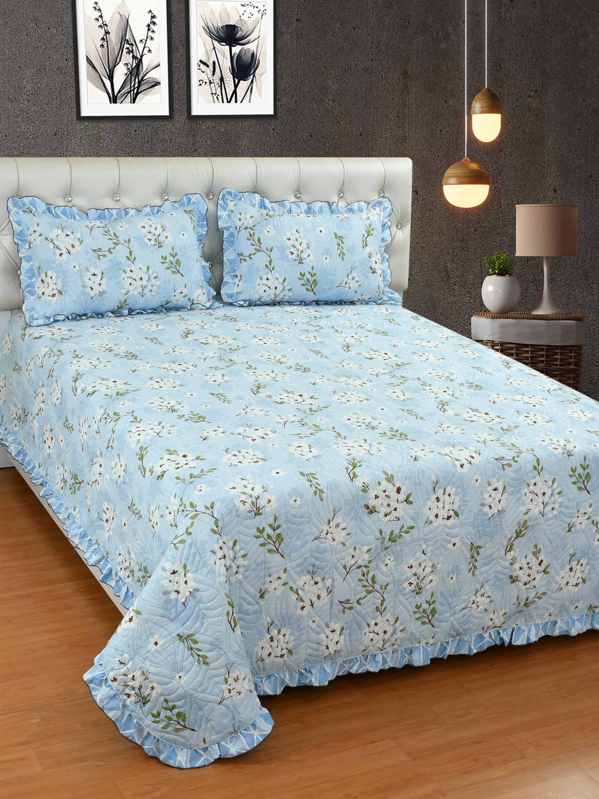 MORADO Luxury Ultrasonic Glace Cotton Side Frills Printed Lightweight All Season Bedspreads/Bed Cover with 2 King Size Pillow Covers - 90x100 Inches (Blue Jasmine)-image-5