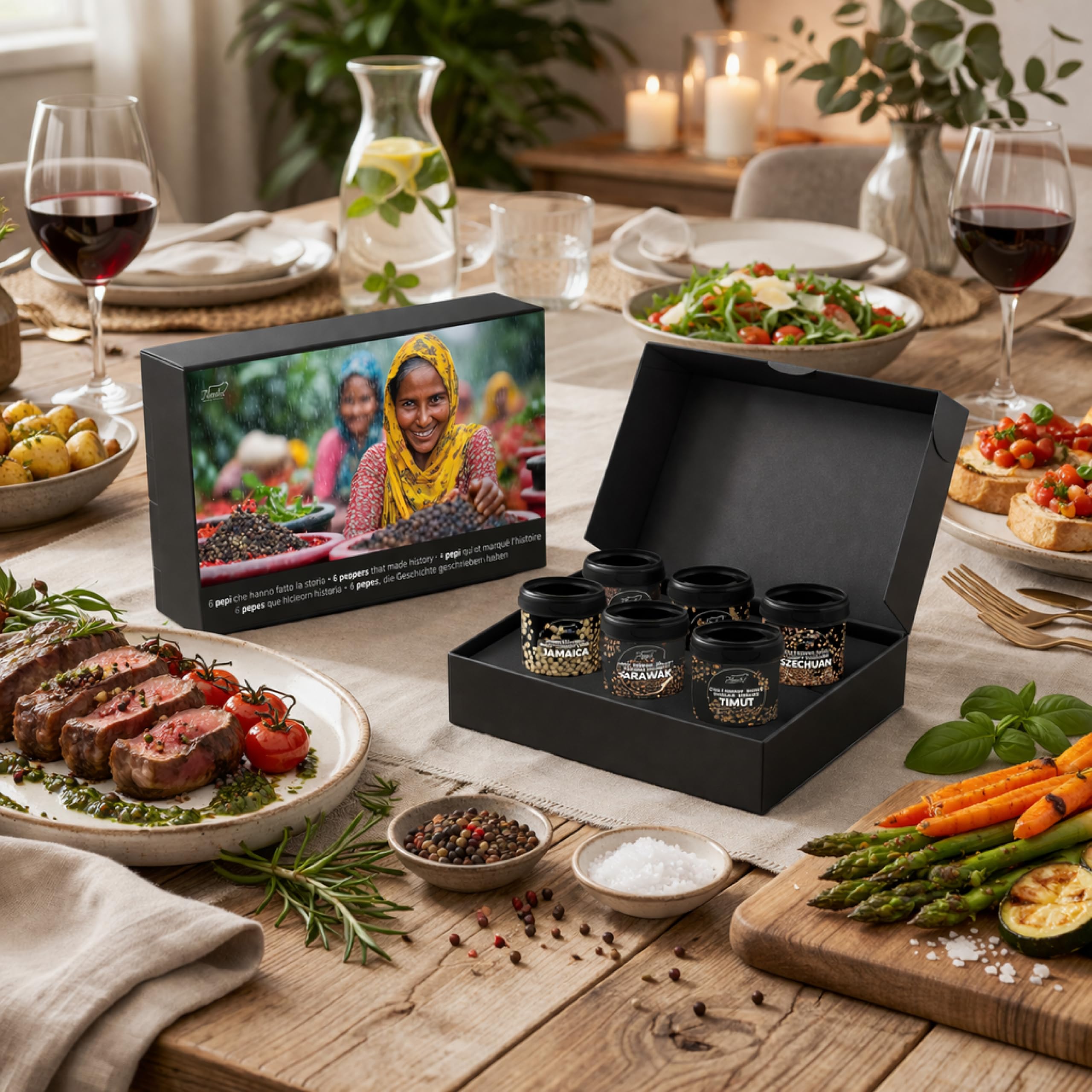 Set Pimientas Gourmet Bembo – 6 Pimientas Raras del Mundo – Pack Especias Regalo – Kit Cocina Gourmet