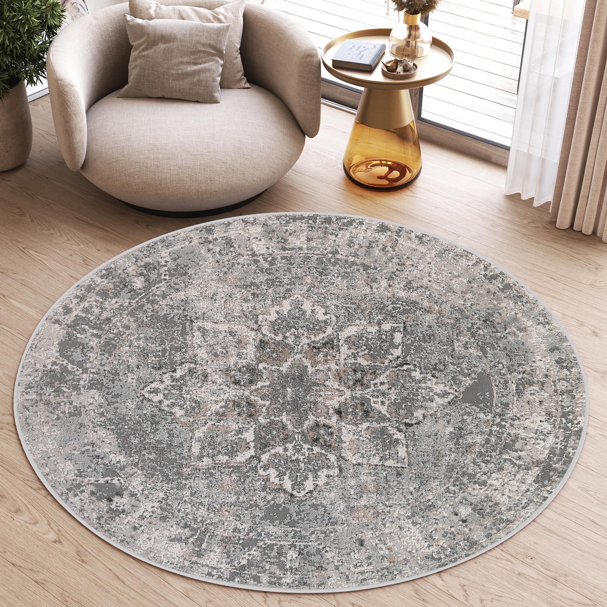 TAPISO Valley Rund Teppich Kurzflor Vintage Grau Blumen 160 x 160 cm | Rahmen Orientalisch Used Effekt Meliert Verwischt Wohnzimmer Schlafzimmer OEKO-TEX