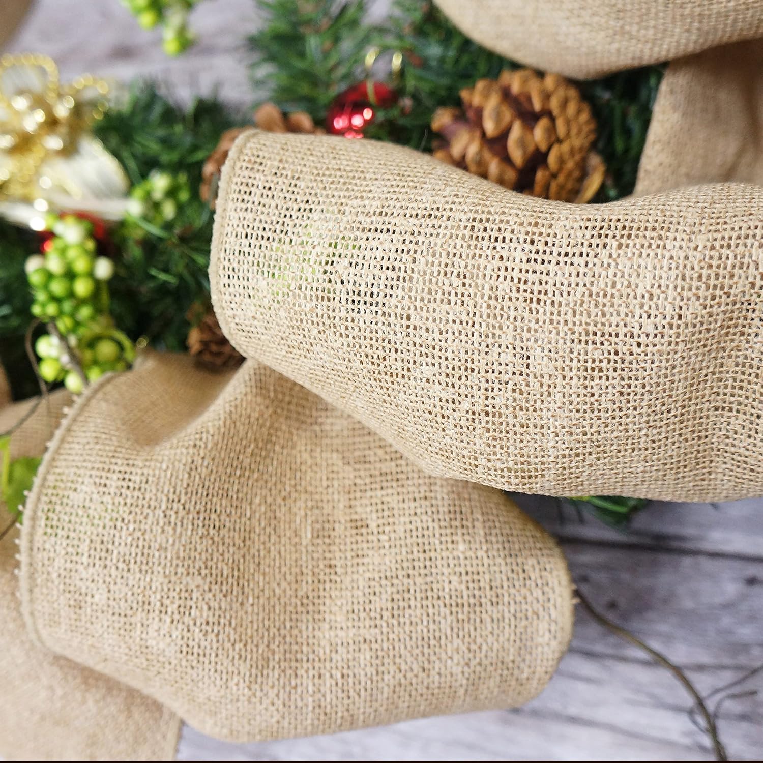 Burlap Fabric Wired Ribbon 6" x 10 Yards Natural Color for Christmas Home Wedding Decor Gift Wrapping Tree Topper Bow Wreath Bouquet DIY Crafts