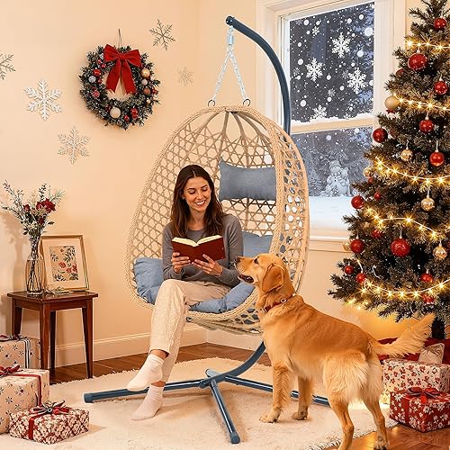 Silla colgante de huevo con soporte y cojines, silla oscilante de ratán para todo tipo de clima para patio, balcón, jardín (diseño bohemio moderno,