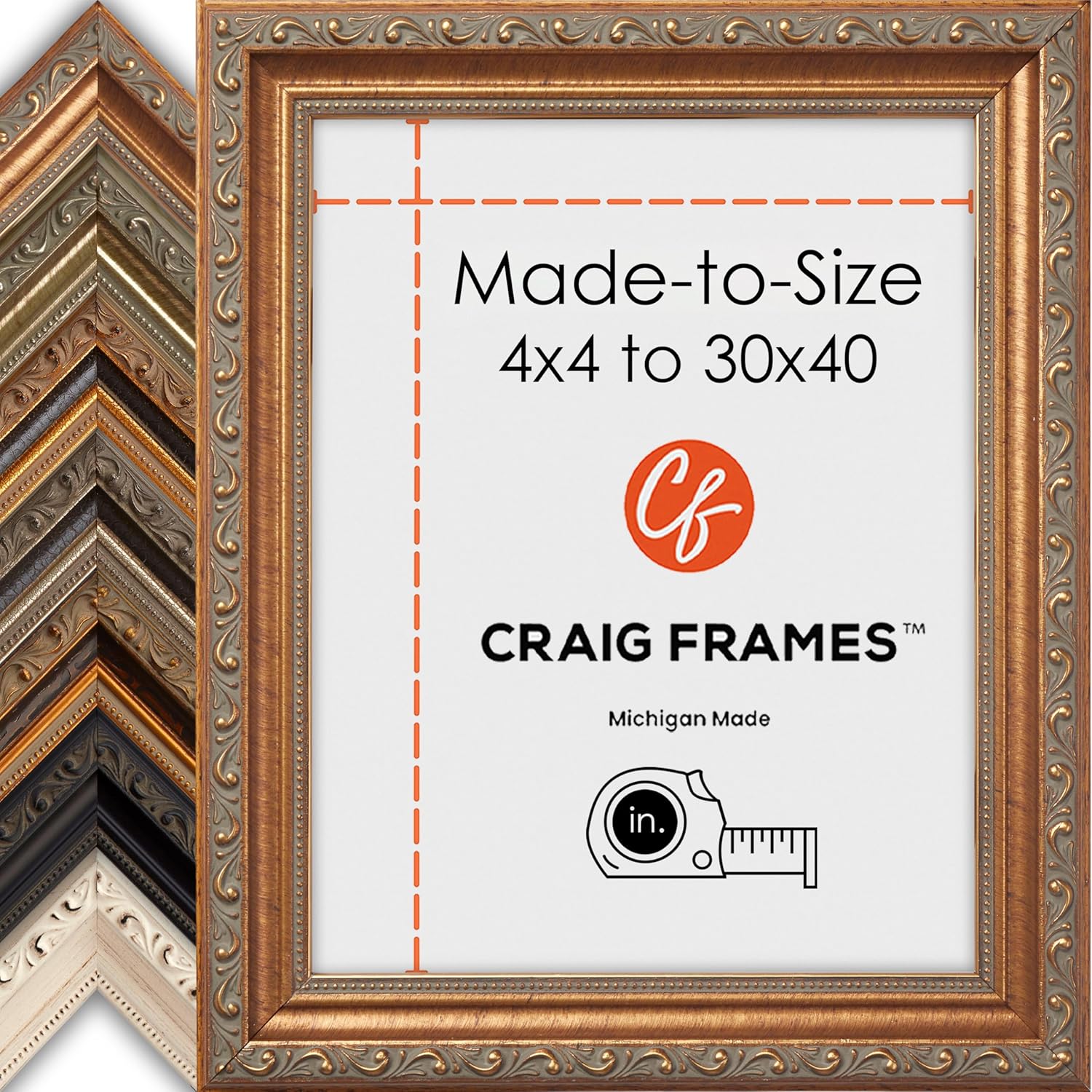 Craig Frames Made-to-Size Custom Picture Frame, 4x4 to 30x40, 1.25" Ancien Ornate Frame, (7) Colors, With Glass or Plexiglass & Backing, Tabletop or Wall Hanging