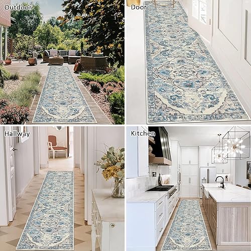 Miniatura 5 de HEBE - Alfombra de pasillo de 2 x 8 pies, lavable, vintage, envejecida, antideslizante, alfombra de lavandería, alfombra bohemia para pasillos,