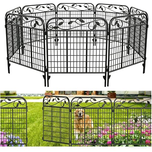 AMAGABELI 4 Panels 44 in(H )X 12 ft(L) Decorative Garden Fence Gate,Dog Fence Outdoor for Yard,Rustproof Tall Garden Fencing Animal Barrier Metal Wire Panel Border with Leaves for Flower Bed Black
