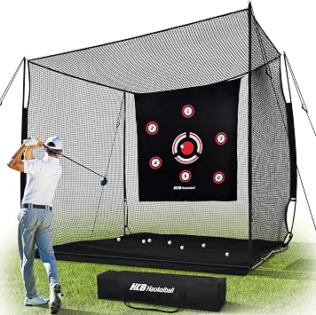 Haokelball Golf Hitting Net, 10x8x6ft Heavy Duty Golf Practice Chipping Cage with Target Cloth & Metal Frame, Portable Sports Netting for Backyard Driving Real Balls, Outdoor Indoor