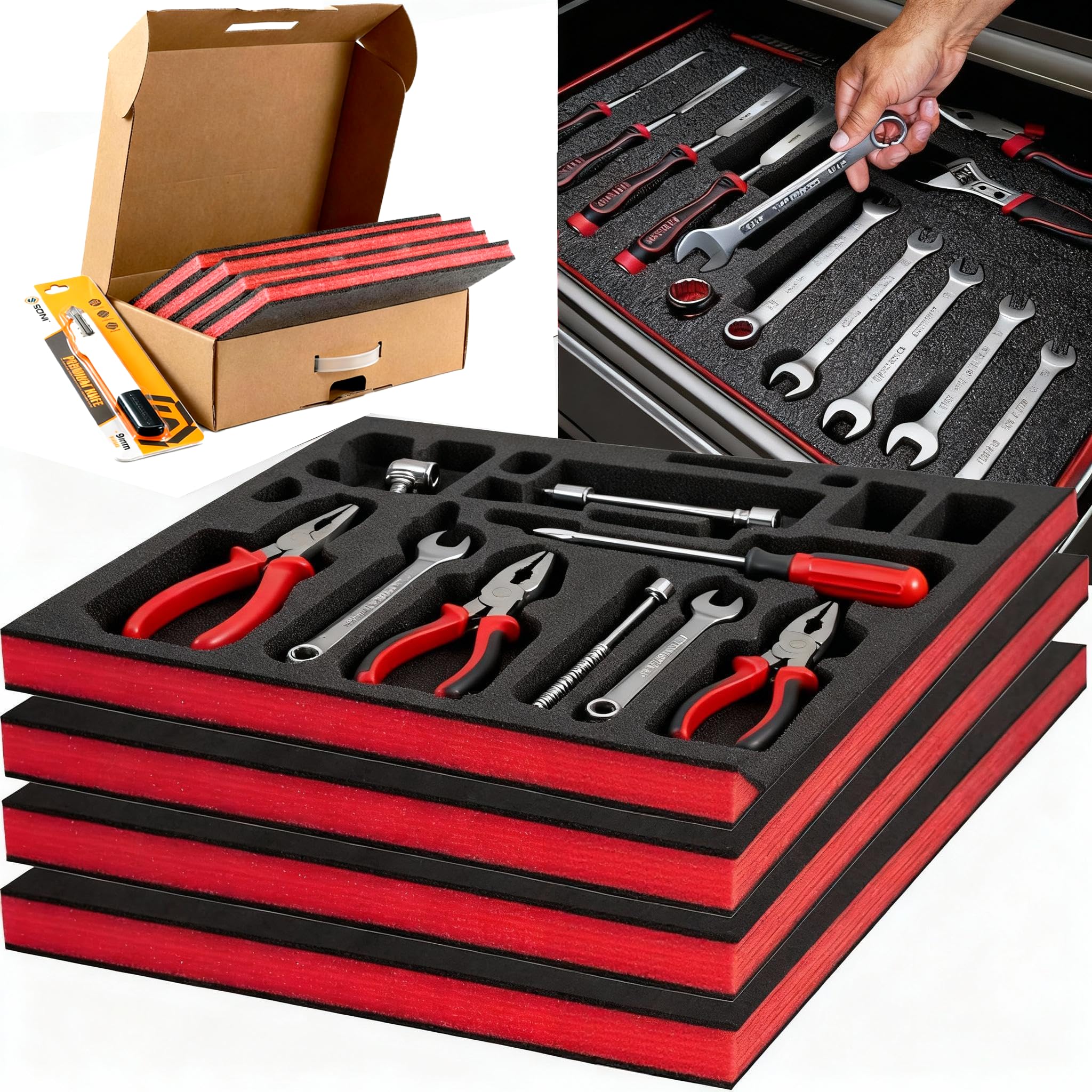 CJKKH Premium Tool Box Foam Organizer 4 Pack - 16"x12"x1" Cuttable Polyethylene Sheets with Bonus Storage Box & Utility Knife - Foam Inserts for Cases