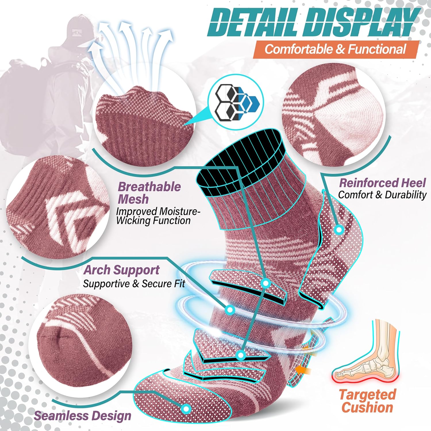 ANTSANG 6 Pairs Merino Wool Quarter Ankle Hiking Running Socks Compression Thermal Thick Cushion Socks for Women Men - Image 4