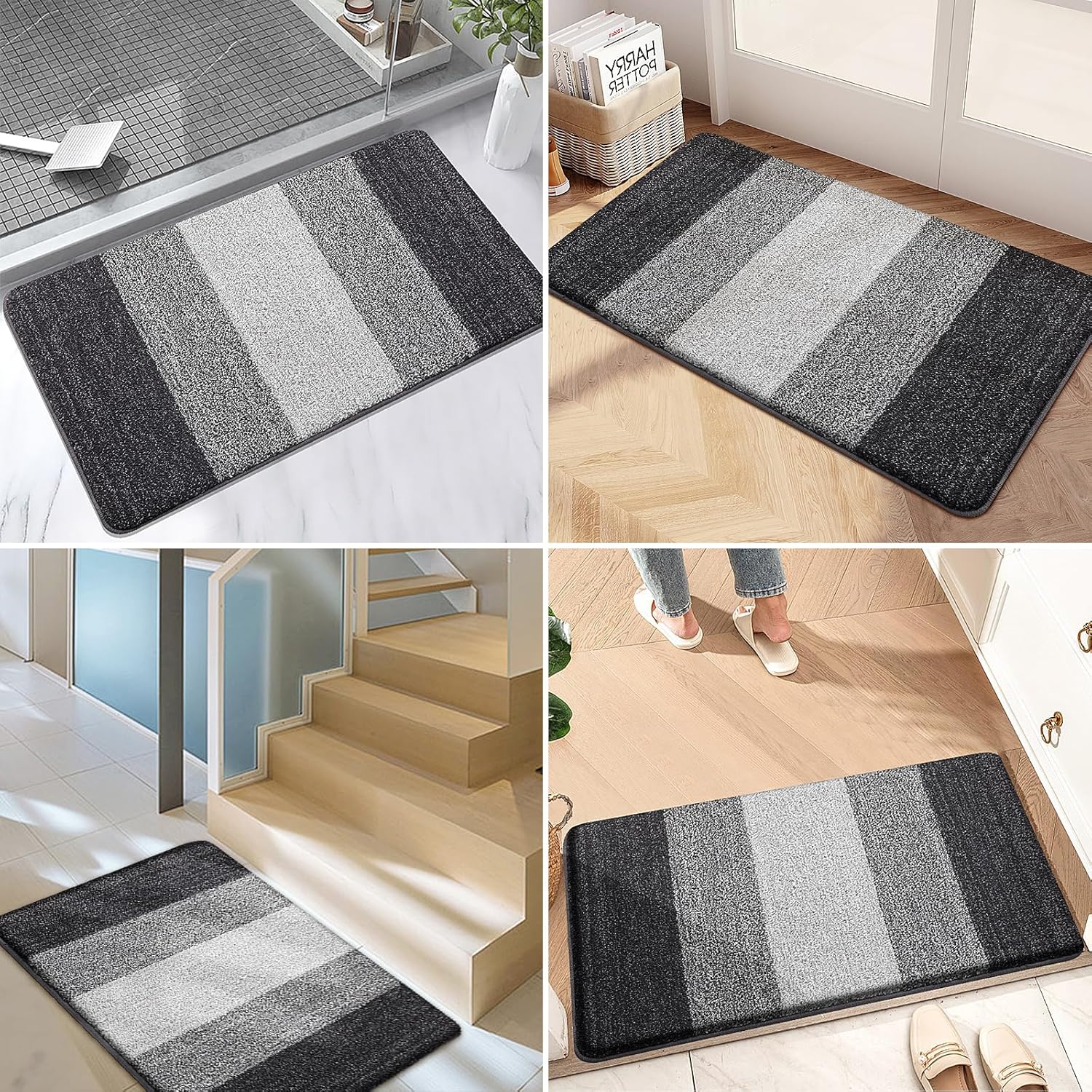 Kitinjoy Indoor Outdoor Door Mat, 48x32 Non-Slip Absorbent Dirt Trapper, Low-Profile Washable Inside Entrance Front Floor Mat, Sturdy Soft Entry Doormats for Entryway, Grey