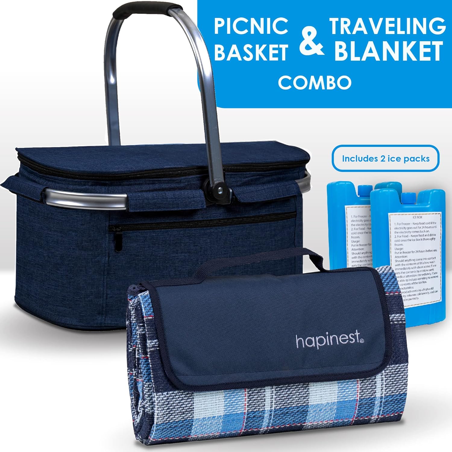 Hapinest 34L Large Picnic Basket and Blanket Set for 2-6, Blue Heather Navy | Insulated Collapsible Basket with Waterproof Outdoor Beach Blanket | Gifts for Couples, Housewarming, or Wedding : Patio, Lawn & Garden