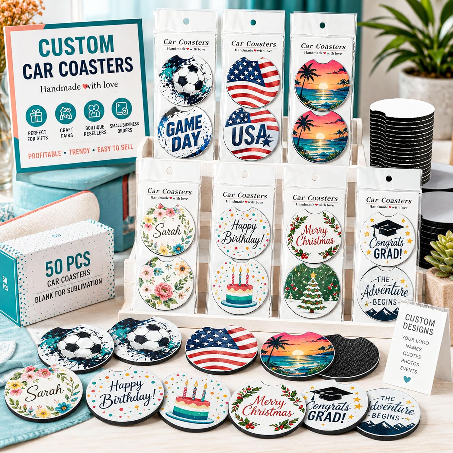 Joyclub 50 Pack Sublimation Car Coasters Blanks Coasters Bulk with Bags