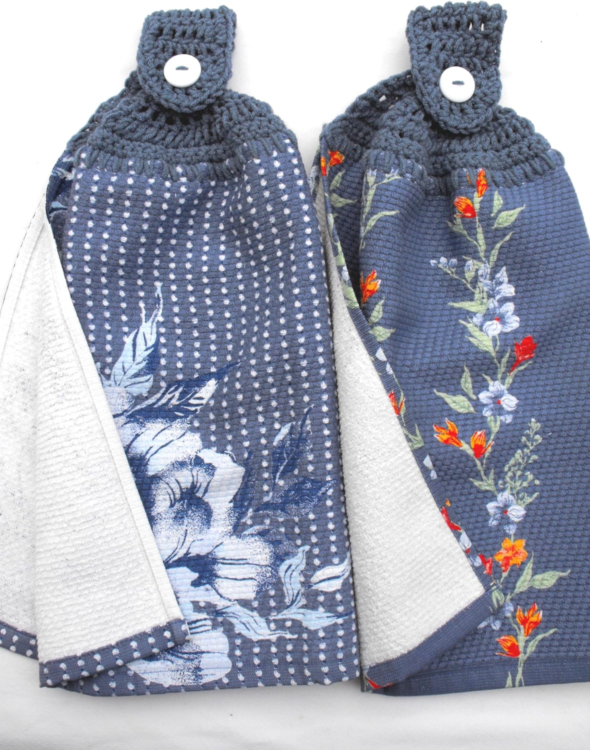 Delilah Blue Floral - 2 Double/Full Handmade Crochet TOP Hanging Kitchen Towels (Blue)