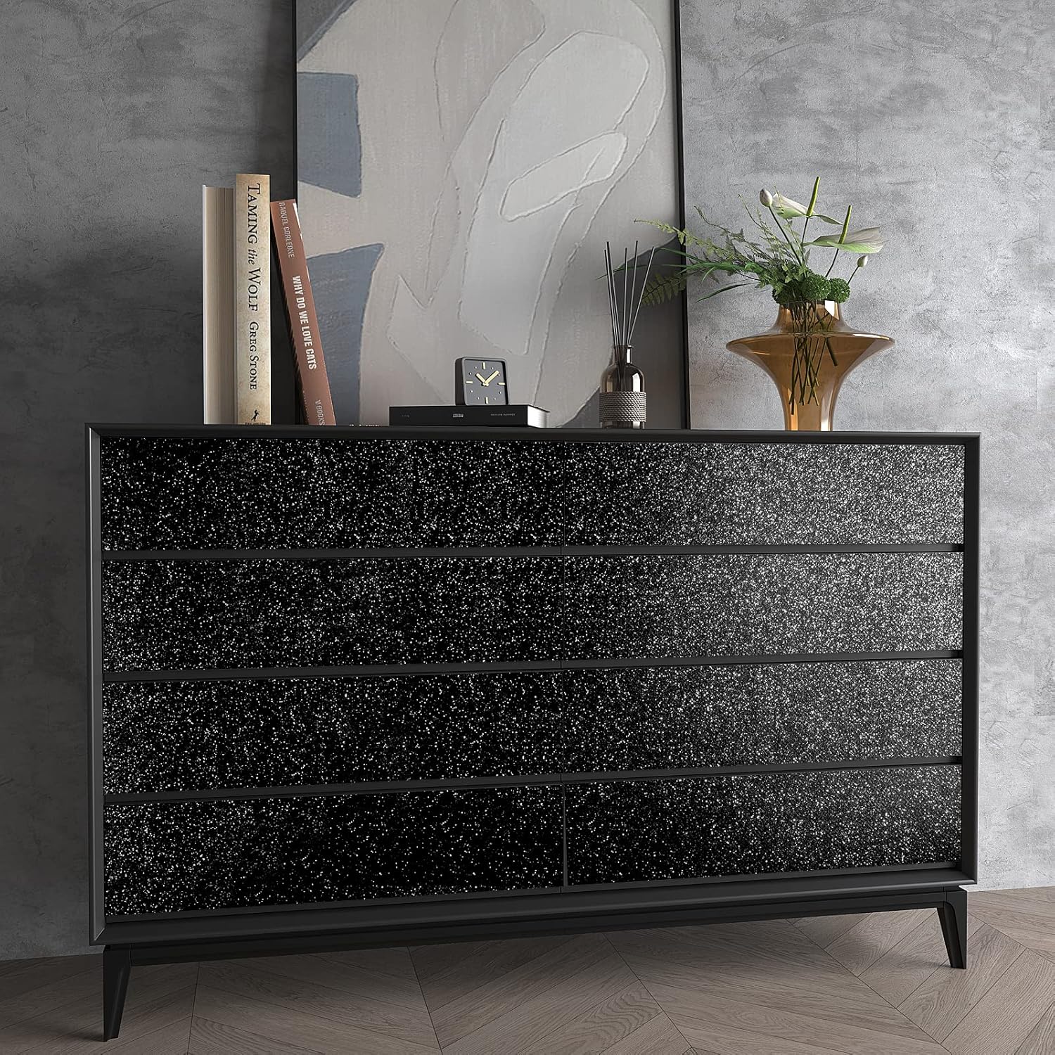 VEELIKE 15.7''x354'' Black Glitter Peel and Stick Wallpaper Sparkle Glitter Wallpaper Self Adhesive Black Contact Paper for Cabinets Shelves Walls Removable Glittery Vinyl Fabric for Bedroom Bathroom