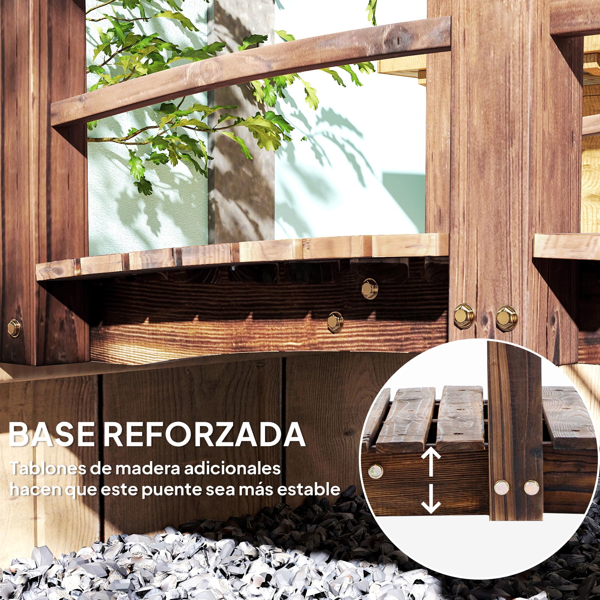 Outsunny Puente de Jardín Puente de Madera con Barandilla Puente para Estanque Carga 181 kg Puente Decorativo para Patio 152,5x67x48 cm Madera Carbonizada
