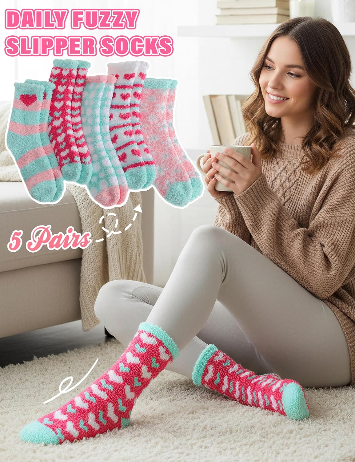MOGGEI Women Fuzzy Fluffy Socks Thick Warm Winter Soft Cozy Plush Fleece Sleep Socks 5 Pairs - Image 5