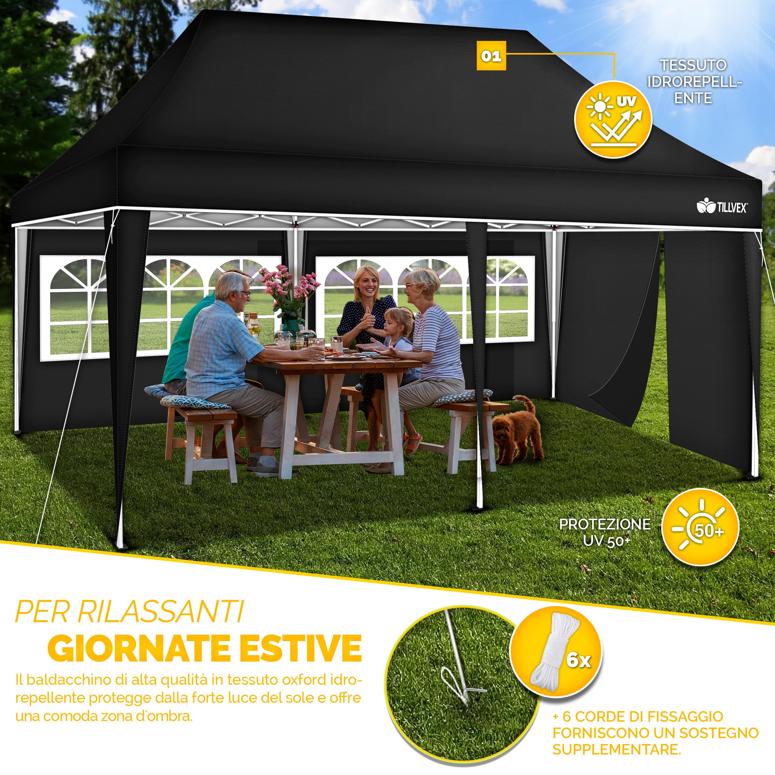 tillvex Gazebo 3x6m da Giardino | Gazebo pieghevole regolabile in altezza | Tenda Pop up impermeabile da protezione UV 50+ | Tenda Padiglione + Sacca di Trasporto (Nero - con 3 pannelli laterali)