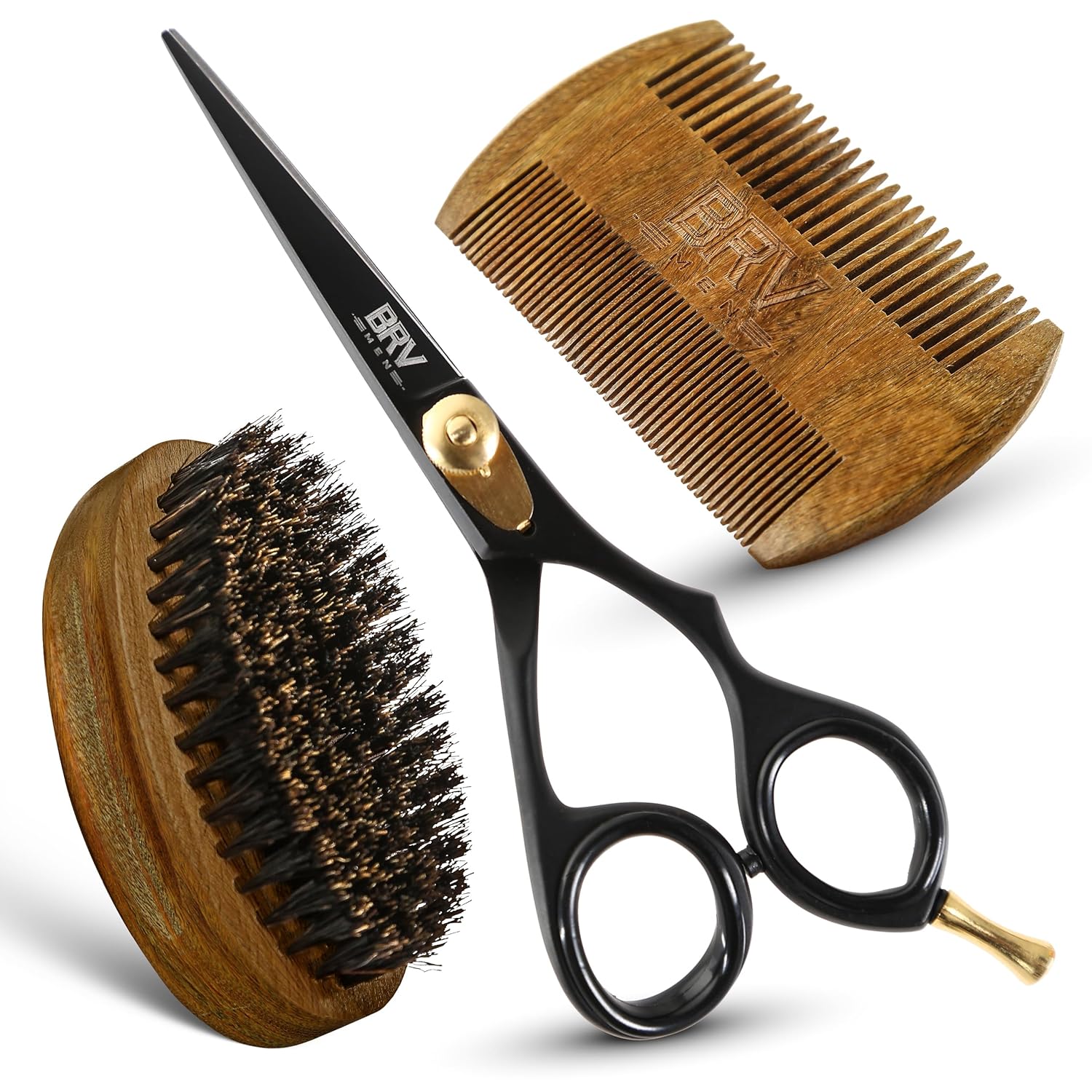 BRV MEN Ultimate Beard Care Trio – Razor-Sharp 5.5" High Carbon Shears, 100% Boar Bristle Brush & Dual-Sided Sandalwood Comb – Complete Grooming Kit for Trimming and Styling