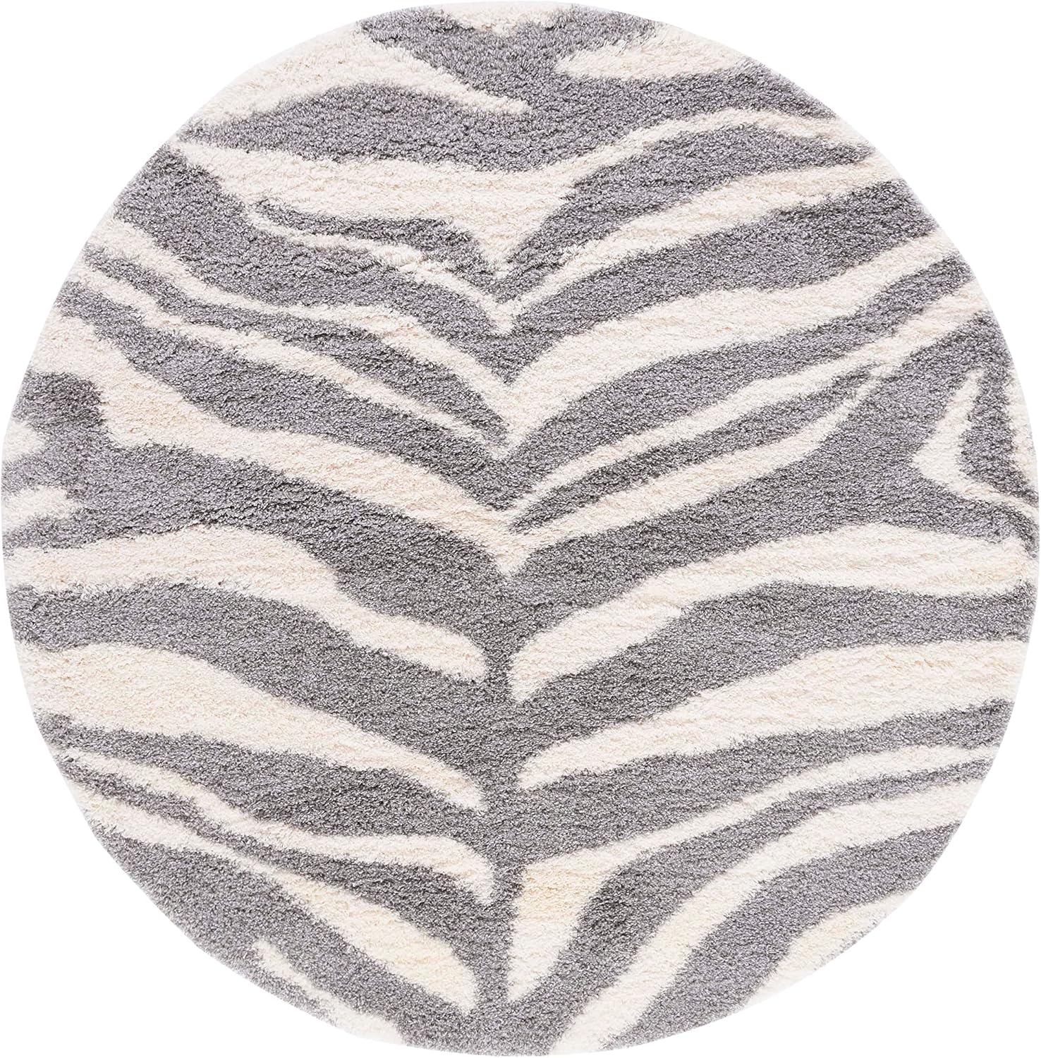 SAFAVIEH Portofino Shag Collection Area Rug - 5'1" Round, Ivory & Grey, Zebra Print Design, 2-inch Thick Ideal for High Traffic Areas in Living Room, Bedroom, Dining (PTS215A-5R)